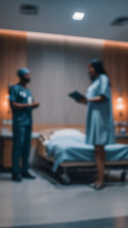 Blurred image of doctor and nurse in the hospital. Intentionally blurred post production for bokeh effectの素材