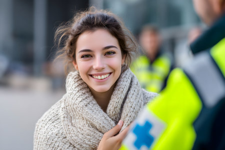 Portrait of a smiling female paramedic standing in front of ambulanceの素材