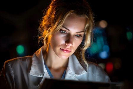 Portrait of a beautiful young woman in a white coat at nightの素材