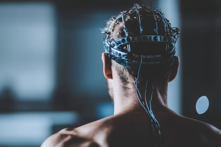 Portrait of a man with a virtual reality headset on his headの素材