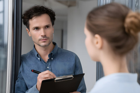 Serious young businessman looking at his female colleague during meeting in officeの素材