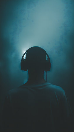 Silhouette of a man listening to music with headphones on a dark backgroundの素材