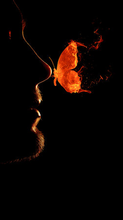 Silhouette of a woman with a butterfly in her mouth.の素材