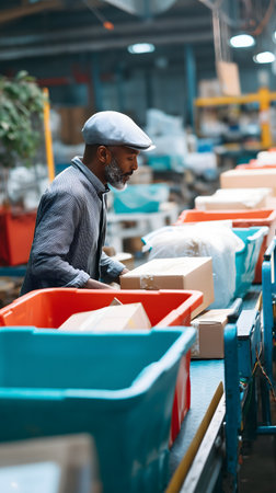 Side view of mature African American male worker unloading boxes in warehouseの素材