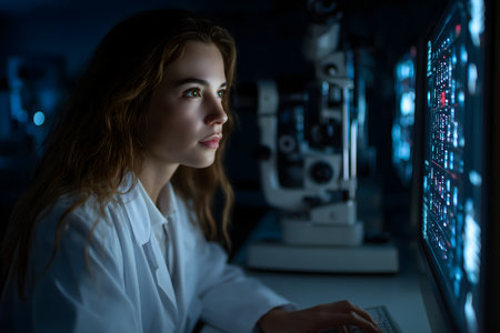 Young female scientist working on computer in laboratory at night. Science, chemistry, biology, medicine and people concept.の素材