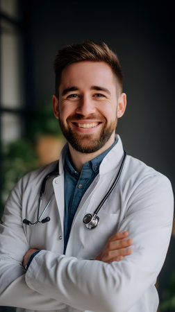 Portrait of smiling young male doctor standing with arms crossed in clinicの素材