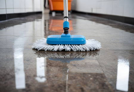 Cleaning floor with mop, close-up, shallow depth of fieldの素材