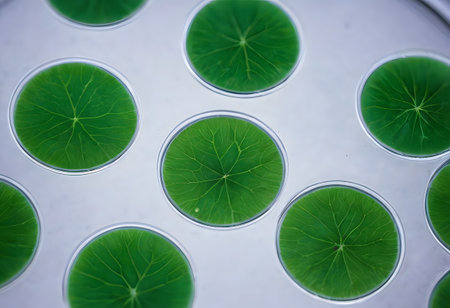 Close up of lotus leaf in petri dish for background.の素材