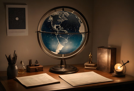 3D rendering of a world globe and books on a wooden tableの素材