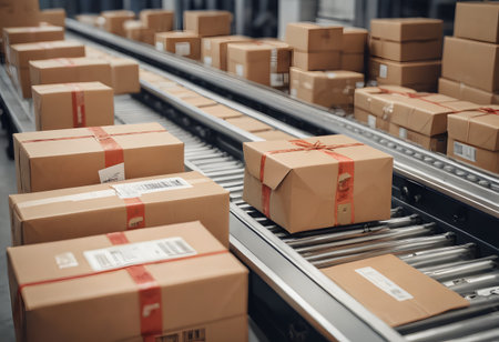 Boxes on conveyor belt in warehouse. Shallow depth of fieldの素材