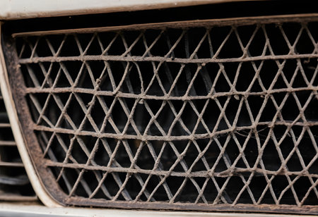 Close up of the grill of an old car with a rusty gratingの素材