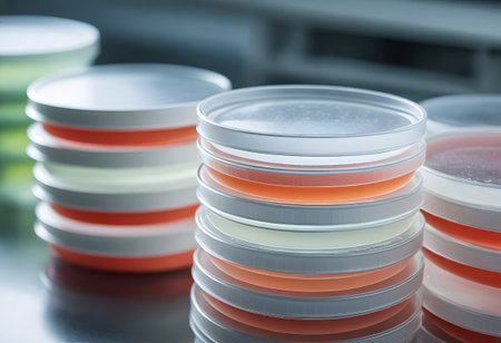 Petri dishes with colonies of bacteria on agar plate in laboratoryの素材