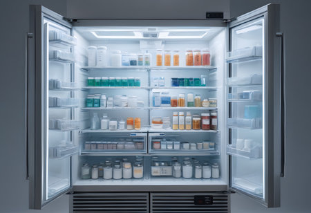 Empty refrigerator with bottles of pills. 3d rendering. Mock upの素材