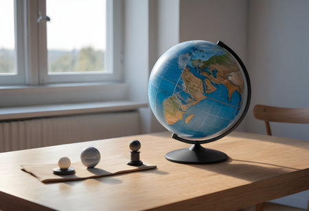 Globe on a table in the interior of a room with a windowの素材