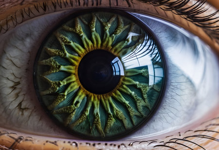 Human eye showing details of the iris, pupil, and sclera with reflectionsの素材