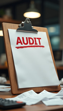 Clipboard displaying audit with an underline and documents showing financial reviewの素材