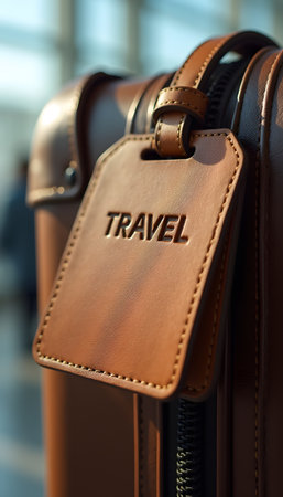 Brown leather luggage tag with travel embossed text attached to a suitcaseの素材