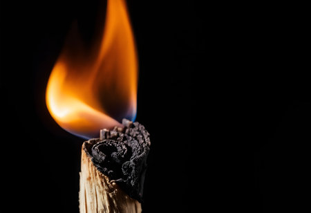 Wood stick burning, creating a vibrant orange flame against a dark background, showing a close up viewの素材