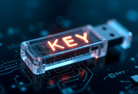 Usb key with word key glowing, resting on a dark circuit boardの素材