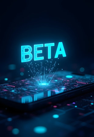 Beta word projecting from a smartphone screen, representing new software development and technology innovationの素材