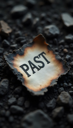 Burnt paper with past written on it laying on dark ground, symbolizing loss and historyの素材