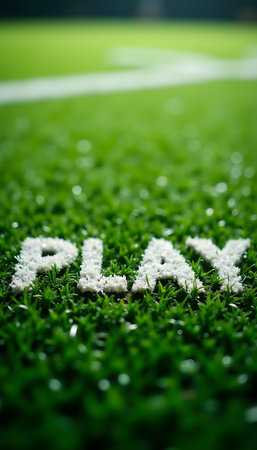 The word play is created using white material on a lush green sports turfの素材