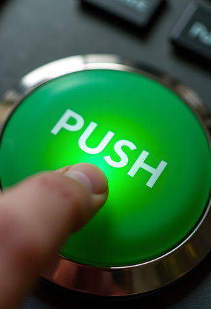 Finger pushing green glowing button labeled push, symbolizing activation, decision, and initiationの素材