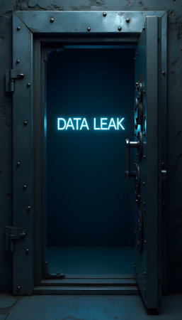 Vault door opening, showing glowing data leak text, representing a security breachの素材