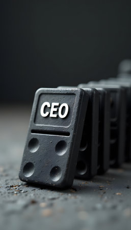 Ceo marked domino initiating a cascade of falling pieces, representing business consequencesの素材