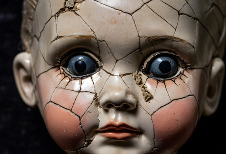 Cracked porcelain doll head featuring blue eyes and chipped skin, creating a scary and abandoned aestheticの素材
