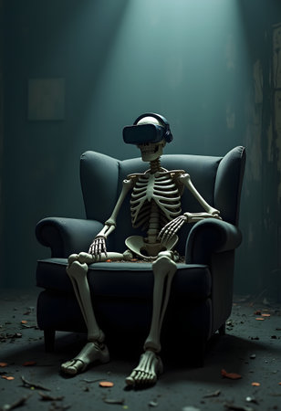 Skeleton sitting in an old armchair with a vr headset, escaping reality in a gloomy roomの素材
