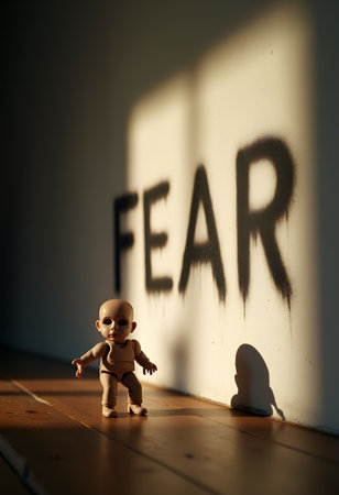 Doll looking at the word 'fear' sprayed on a wall, symbolizing feeling scared or aloneの素材