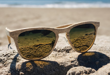Sunglasses on the beach with sand and sea in the backgroundの素材