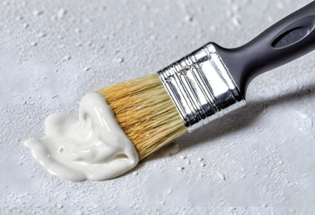 Brush with white paint on a white background, close-upの素材