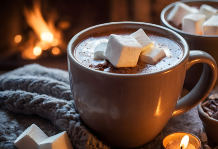 Hot chocolate with marshmallows in a cup on the background of a fireplace.の素材