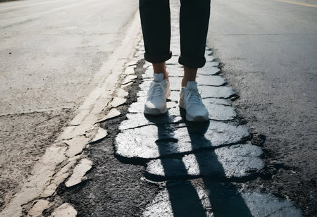 Close up of woman's legs in white sneakers walking on asphalt road.の素材