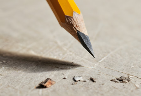 Sharpened pencil on wooden background. Close-up, selective focus.の素材