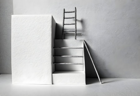 White stairs and ladder on a white background. 3d rendering.の素材