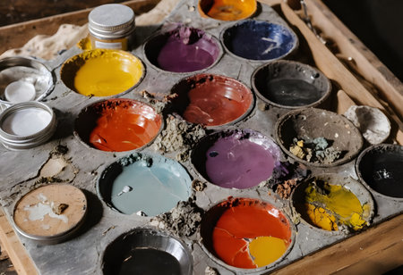 Palette with watercolors and paint jars on a wooden backgroundの素材