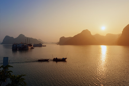 Ha long bay Silhouettes of Rocks and ships in Vietnamの写真素材