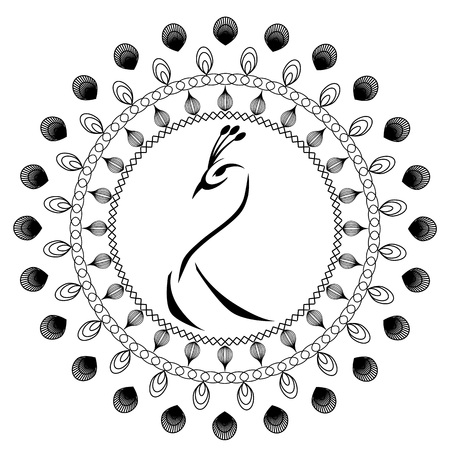 Peacock silhouette inside of circle with patternsのイラスト素材