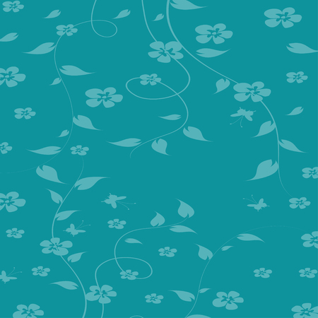 Seamless texture with plants and leaves on blue, summer seasonal vector background. Leaves and branches of clambering plant.のイラスト素材