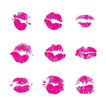 Set of fashion beauty women lips isolated on white background. Various shape sending kisses. Girls red lips Vector illustration.のイラスト素材