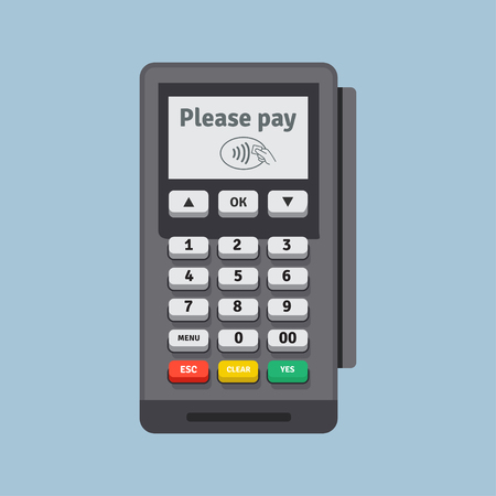 POS terminal vector icon in flat style, isolated from the background. Payment using POS machines for credit and debit cards. Banking and business services.のイラスト素材