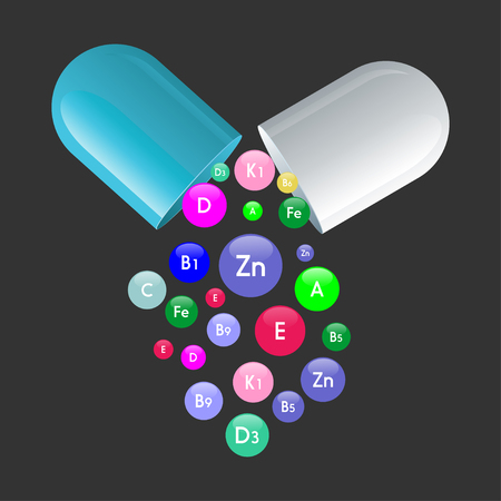 Vitamin complex of pill capsule and vitamins bubbles with names for dietary supplement and healthy lifestyle advertising design template.のイラスト素材