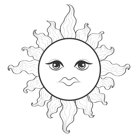 Bohemian hand drawn sun. Vector illustration for coloring book, t-shirts design, tattoo.Vector illustration.のイラスト素材