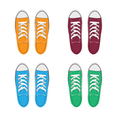 Sneakers drawing set. yellow, red green and blue traditional sport shoes. Sketch doodle style vector illustration.のイラスト素材