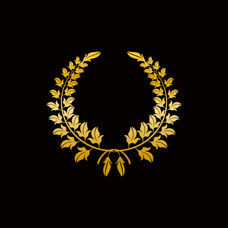 Gold laurel wreath. Symbol of victory and achievement. Design element for decoration of medal, award, coat of arms or anniversary logo. Golden leaf silhouette on black background. Vector illustration.のイラスト素材