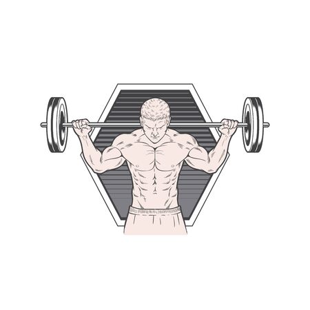 Monochrome strong man icon template with bodybuilder lifting barbell in vintage style isolated vector illustrationのイラスト素材