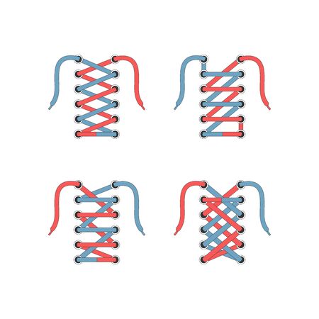 Red and blue lace shoes icon set with tied and untied shoelaces isolated on white background vector illustrationのイラスト素材